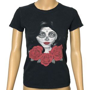 Bay Island Sportswear Women's Small Black Floral Sugar Skull Girl Blouse T-Shirt